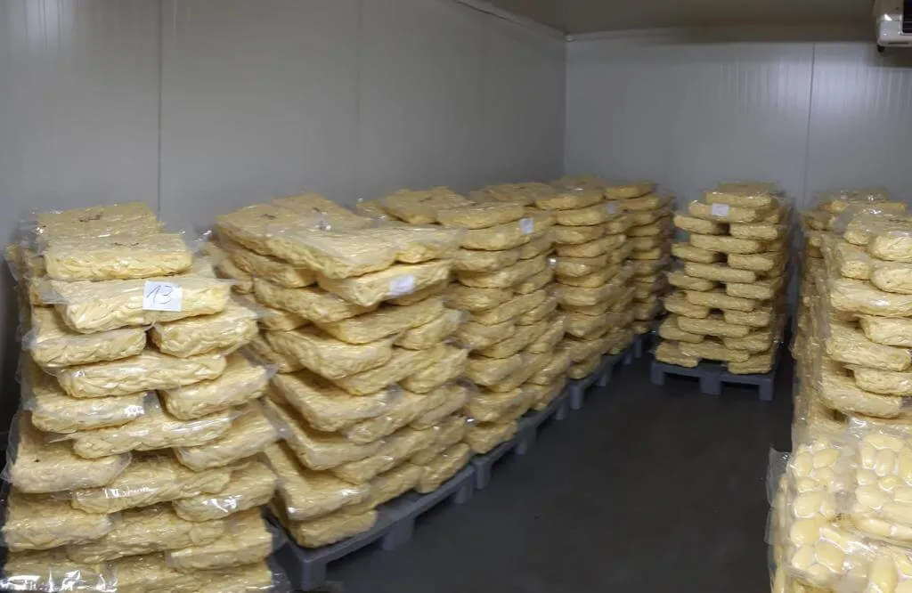 Palettes de frites fraîches en chambre froide